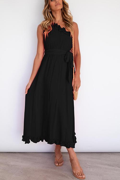 Ruffles One Shoulder Belted Maxi Dress - Fashionpara