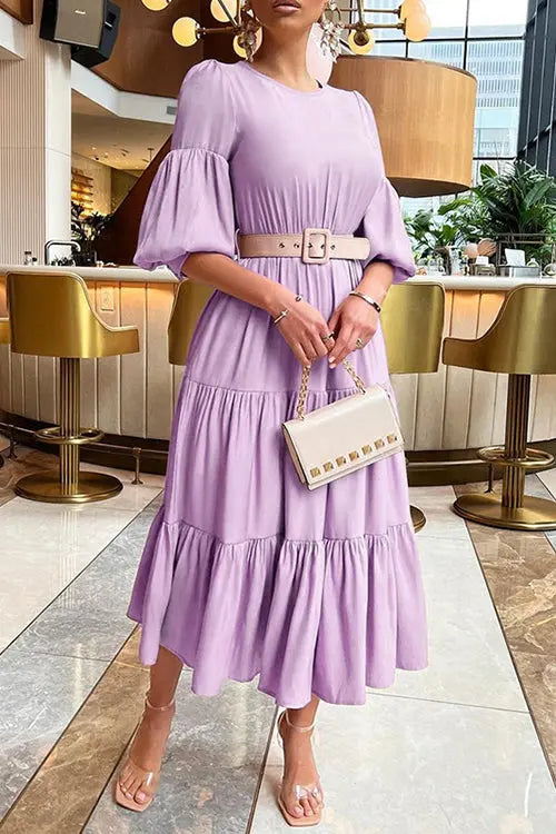 O Neck Puff Sleeve Ruffles Midi Dress - Fashionpara