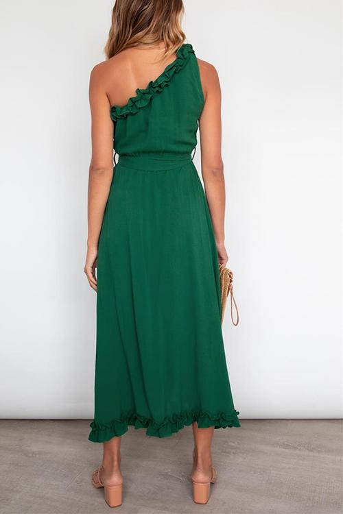 Ruffles One Shoulder Belted Maxi Dress - Fashionpara