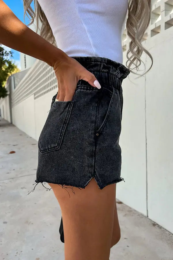 Sundays At The Market Cuffed Denim Paperbag Shorts - Fashionpara