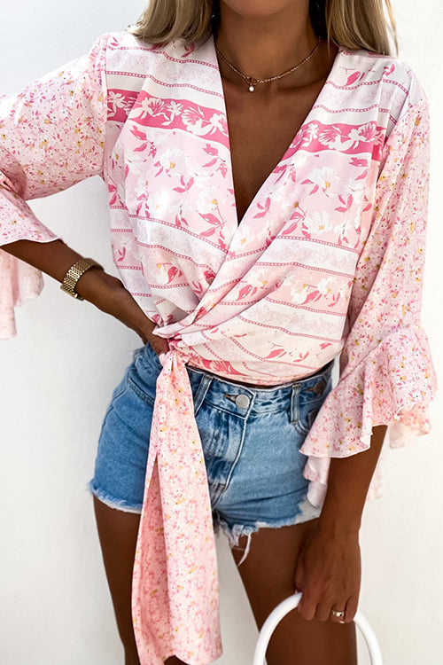Tropical Flares Sleeve Tie Top - Fashionpara