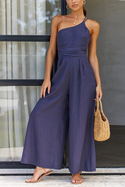 One Shoulder Straps Wide Leg Jumpsuits - Fashionpara