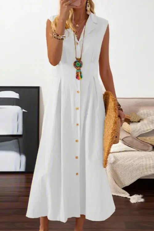Lapel button Sleeveless Midi Dress - Fashionpara