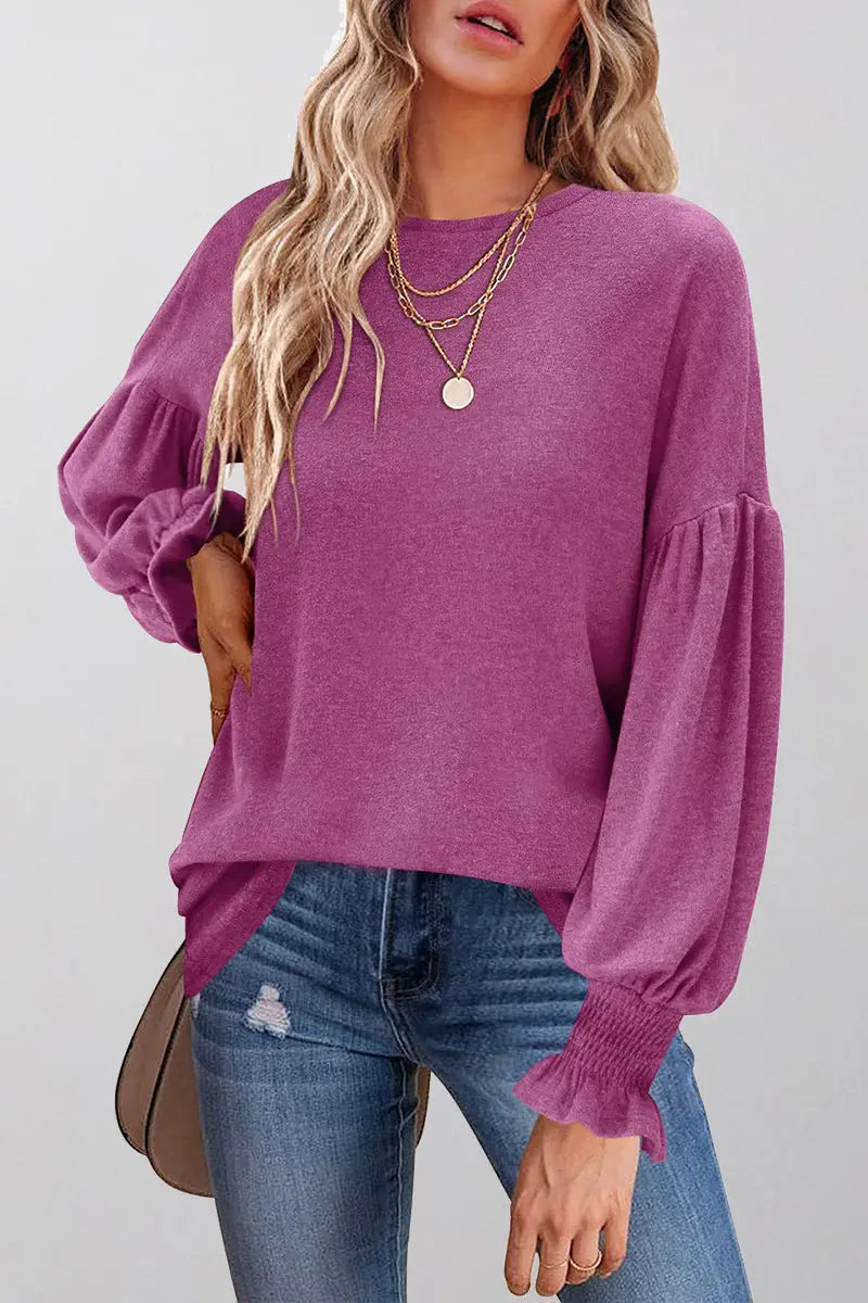 Cuff Sleeve O Neck Blouse - Fashionpara