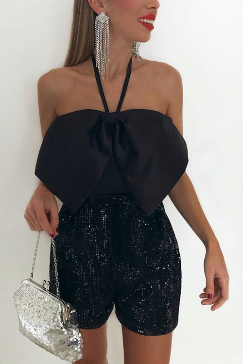 Satin Bow Halter Neck Sequin Short Romper - Fashionpara