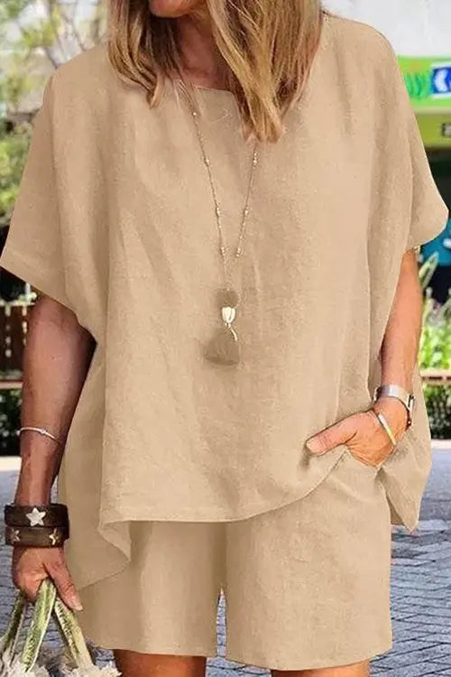 Solid Short Sleeve Blouse Shorts Set - Fashionpara