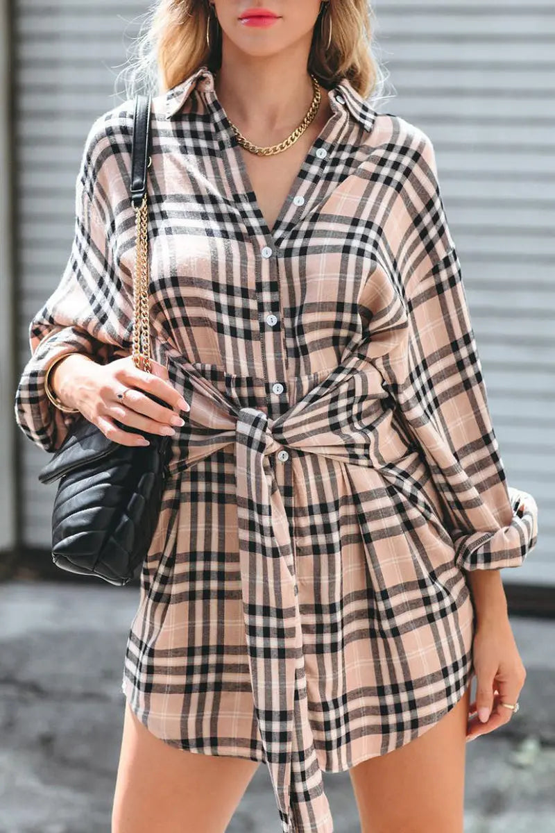Plaid Tie Front Mini Shirt Dress - Fashionpara