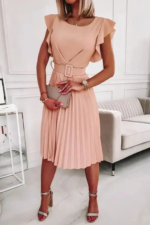 Ruffles O Neck Pleated Midi Dress - Fashionpara