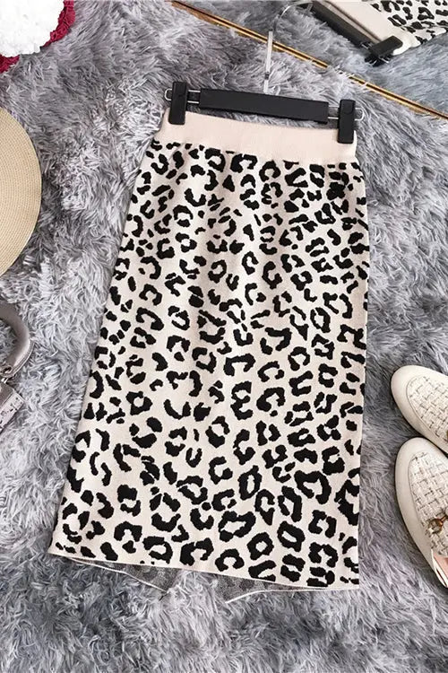 Knit Leopard Print Bodycon Skirt - Fashionpara