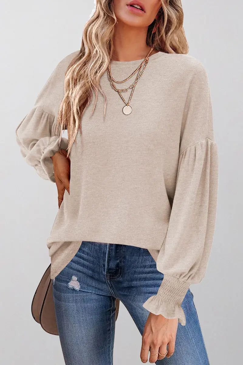 Cuff Sleeve O Neck Blouse - Fashionpara