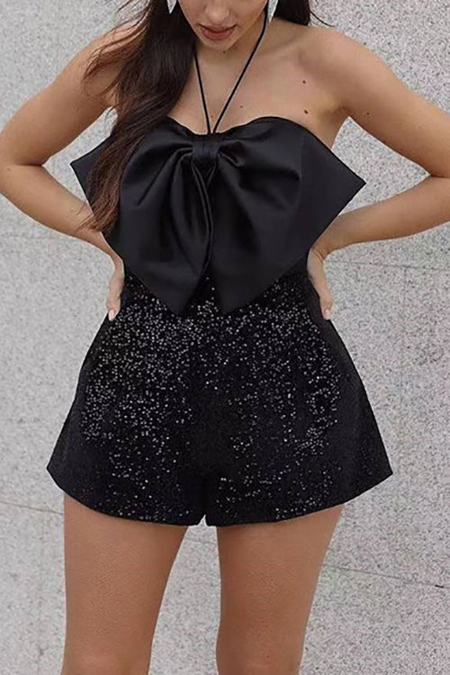 Satin Bow Halter Neck Sequin Short Romper - Fashionpara