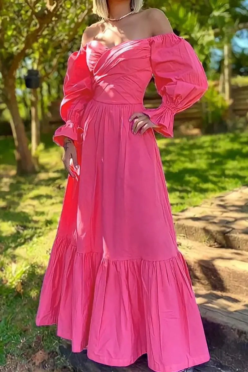 Surplice Neck Puff Sleeve Maxi Dress - Fashionpara