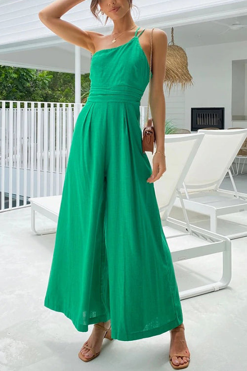 One Shoulder Straps Wide Leg Jumpsuits - Fashionpara