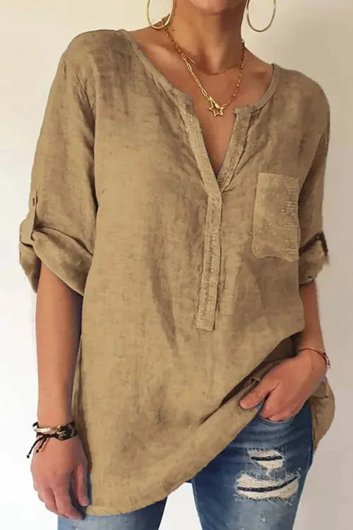 Sequin Pockets V Neck Blouse - Fashionpara