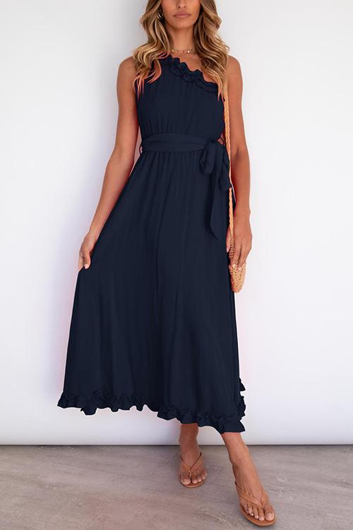 Ruffles One Shoulder Belted Maxi Dress - Fashionpara