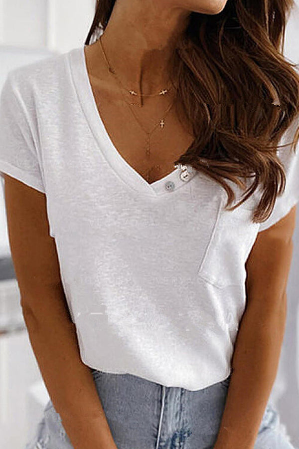 V Neck Button Pockets T Shirt - Fashionpara