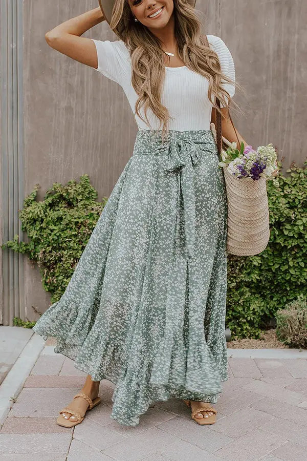Floral Asymmetric Flounce Belted Maxi Skirt - Fashionpara