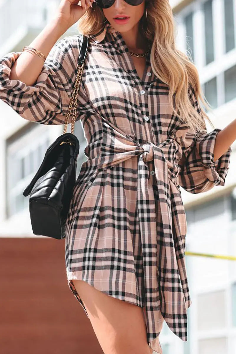 Plaid Tie Front Mini Shirt Dress - Fashionpara