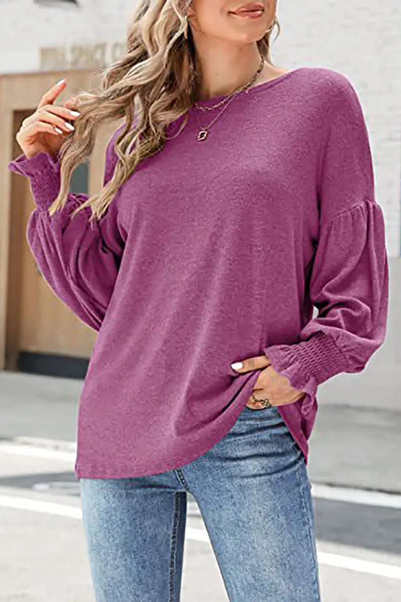 Cuff Sleeve O Neck Blouse - Fashionpara