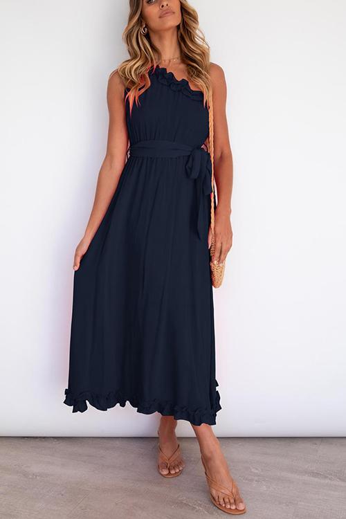 Ruffles One Shoulder Belted Maxi Dress - Fashionpara