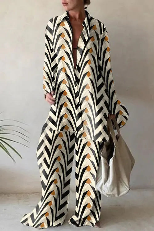 Geometry Print Loose Shirt Pants Set - Fashionpara