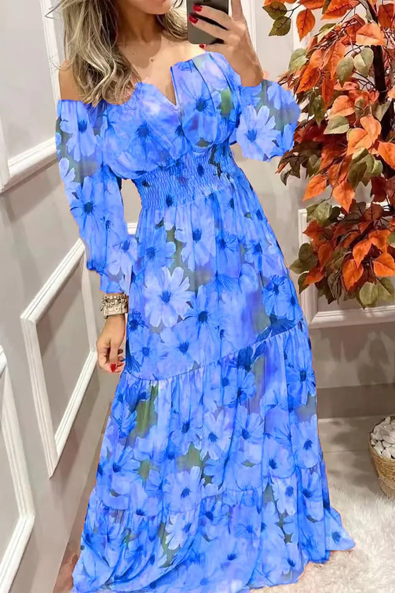 Floral Off Shoulder V Neck Maxi Dress - Fashionpara
