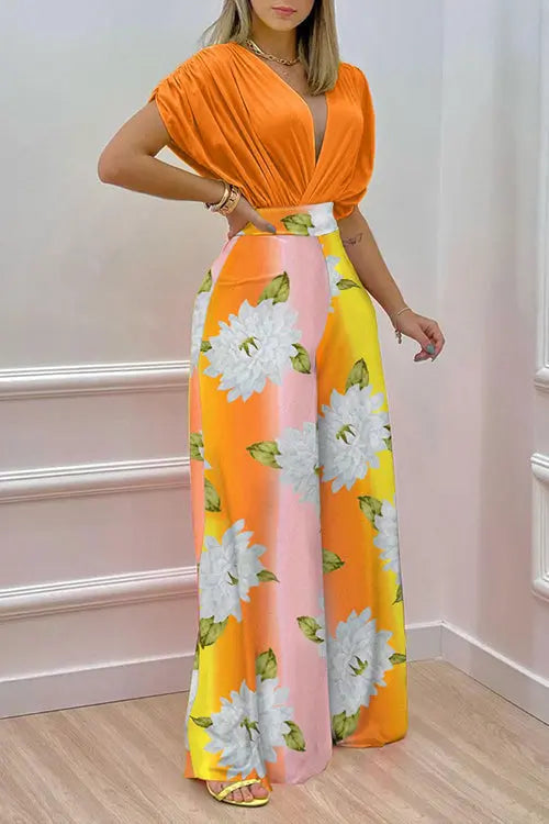 V Neck Bat Blouse Print Wide Leg Pants Set - Fashionpara