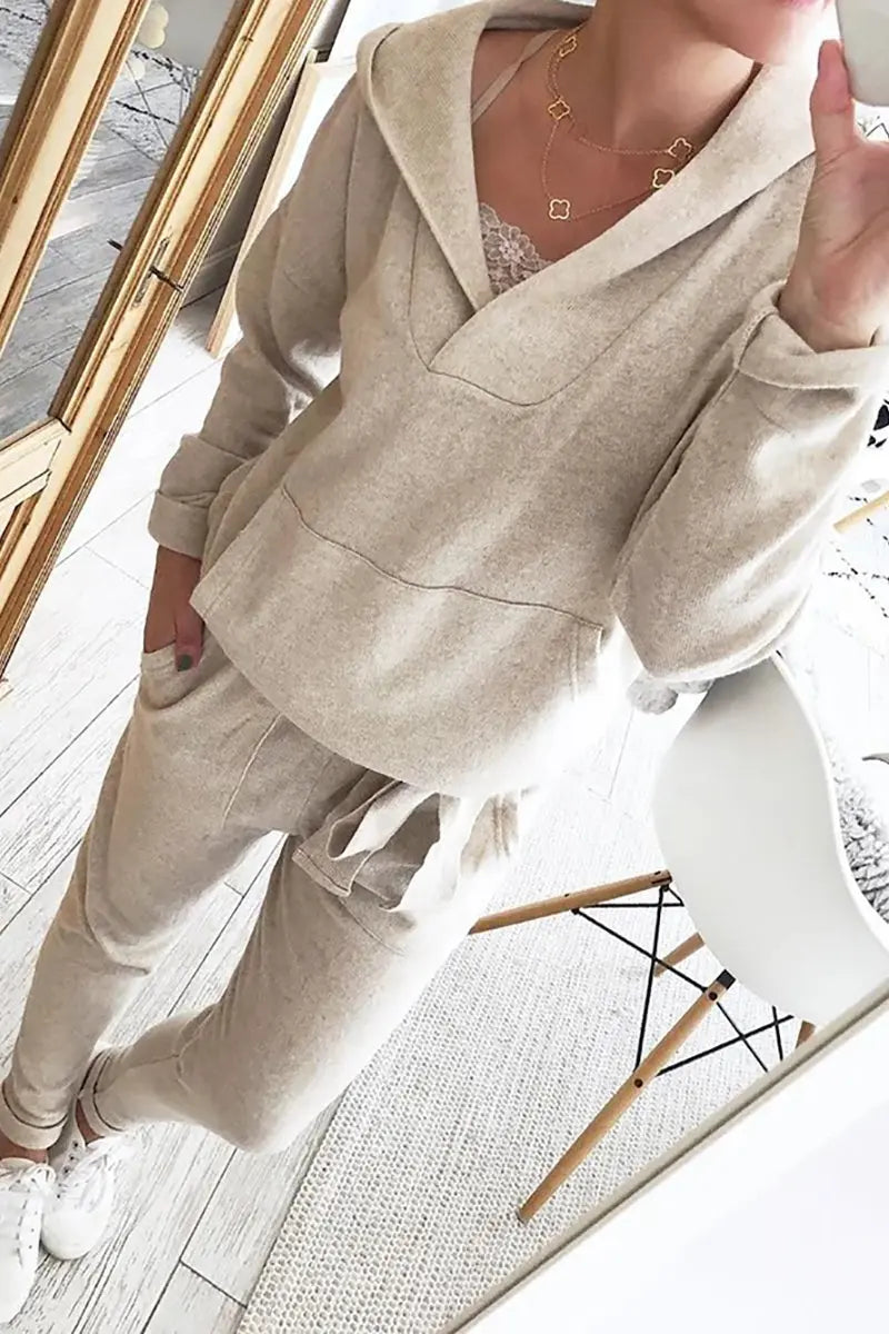 V Neck Pockets Hoodie Jogger Set - Fashionpara