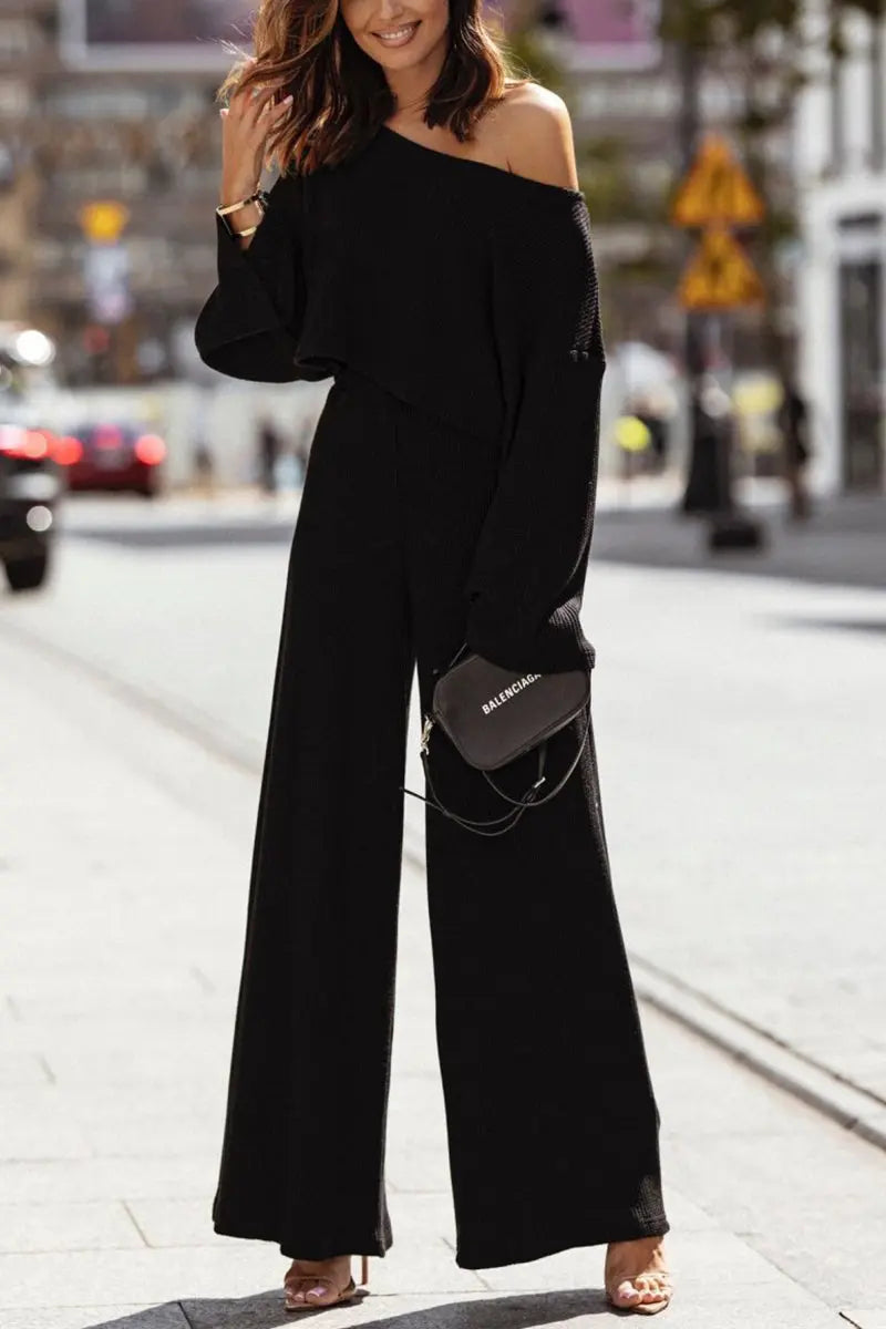 Dew Shoulder Crop Top Pants Set - Fashionpara