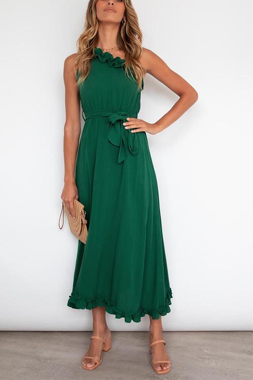 Ruffles One Shoulder Belted Maxi Dress - Fashionpara