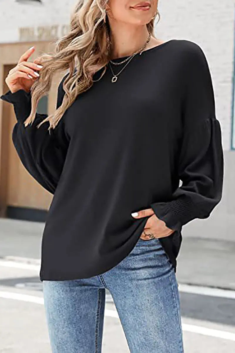 Cuff Sleeve O Neck Blouse - Fashionpara