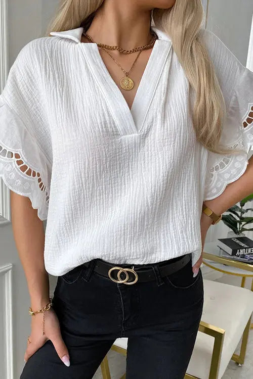 Keyhole Scalloped Edges V Neck Blouse - Fashionpara