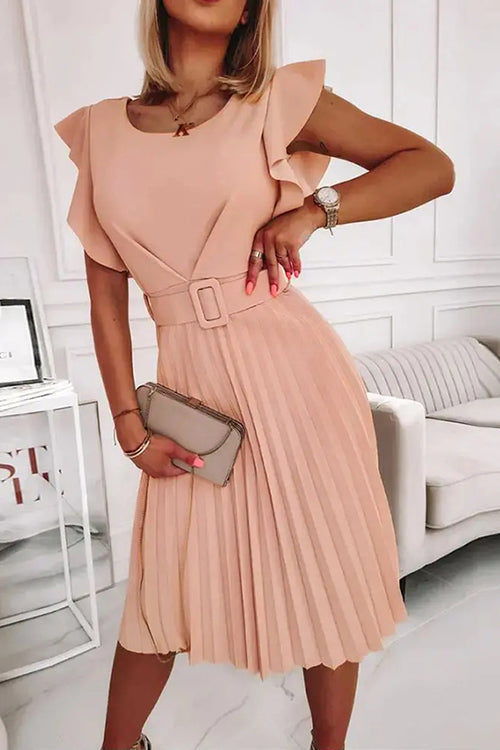 Ruffles O Neck Pleated Midi Dress - Fashionpara