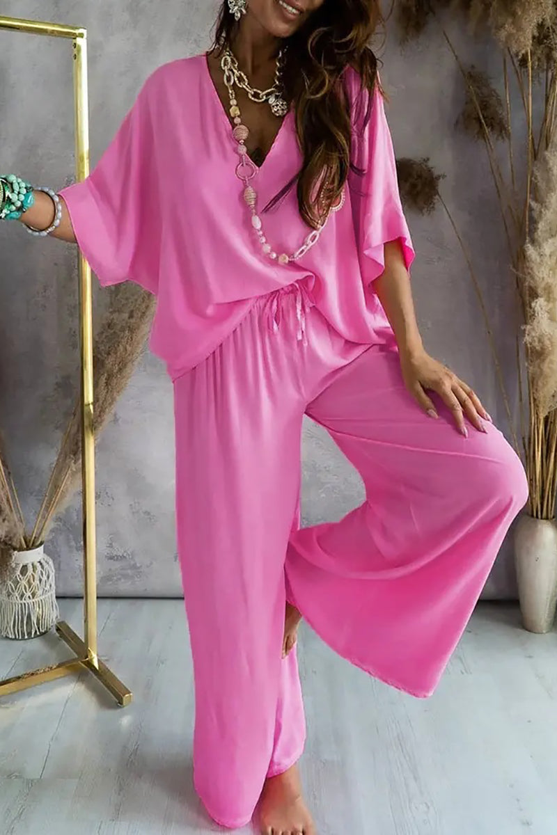 V Neck Bat Blouse Pants Set - Fashionpara