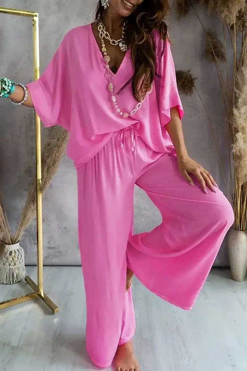 V Neck Bat Blouse Pants Set - Fashionpara