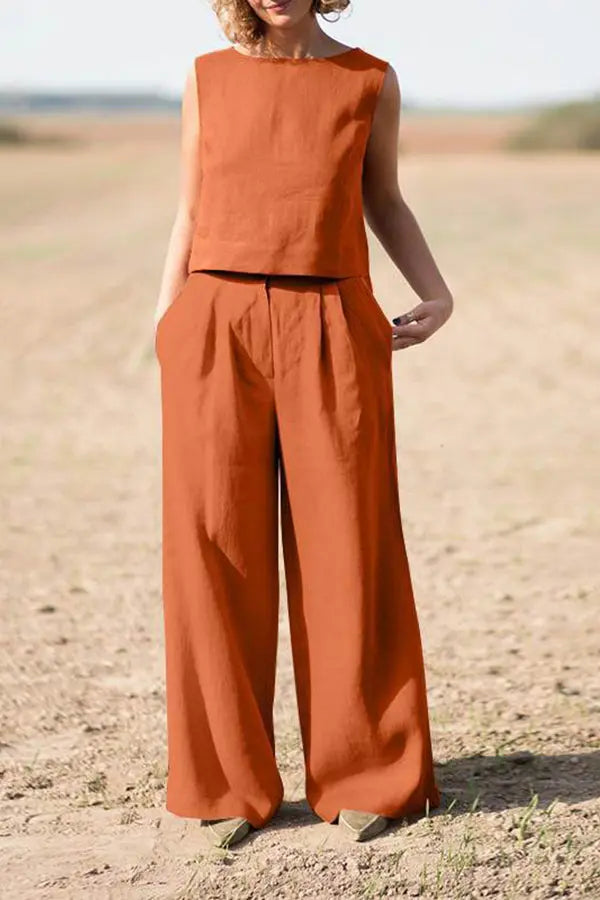 Solid Sleeveless Blouse Pants Set - Fashionpara