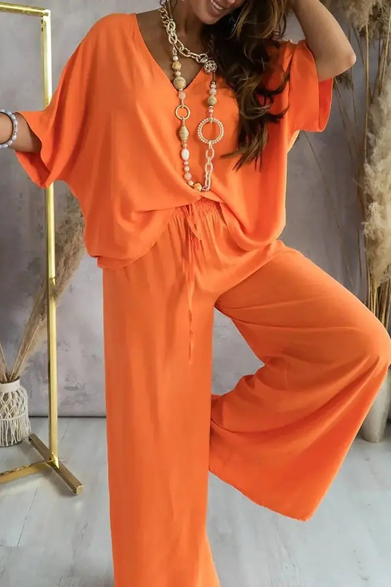 V Neck Bat Blouse Pants Set - Fashionpara