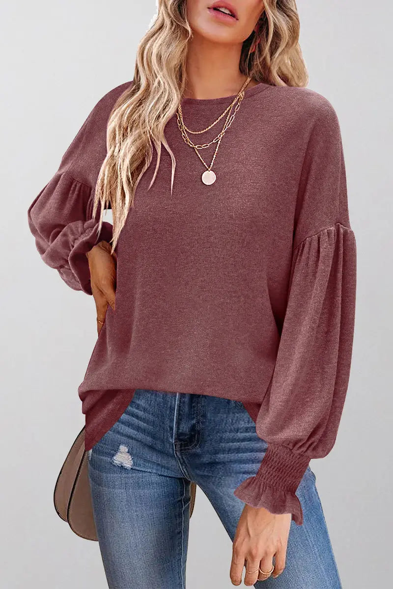 Cuff Sleeve O Neck Blouse - Fashionpara