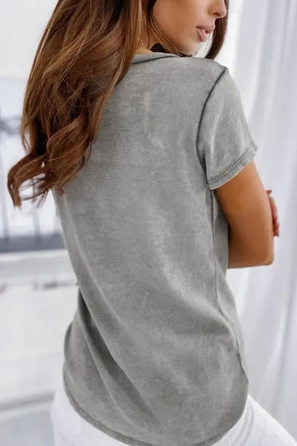 V Neck Button Pockets T Shirt - Fashionpara