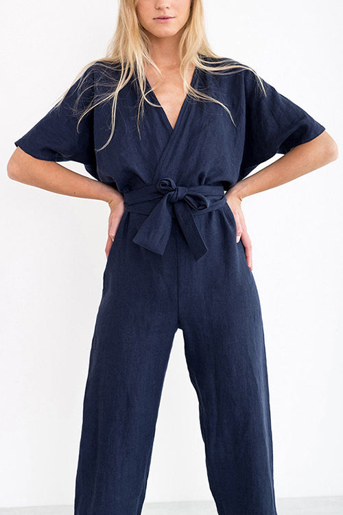 Linen V Neck Wrap Jumpsuits - Fashionpara