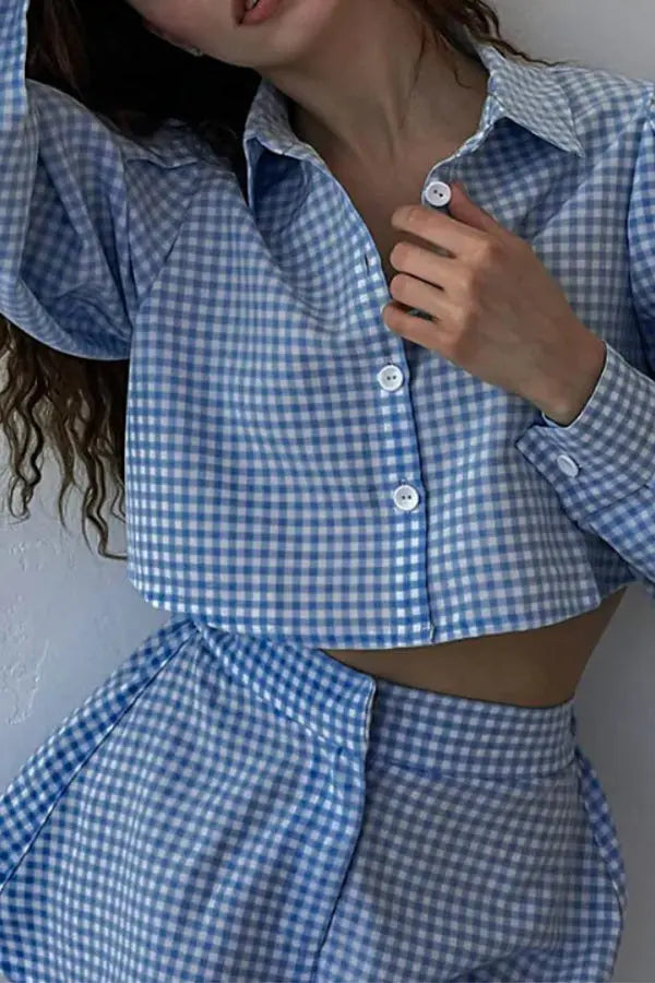 Plaid Button Crop Shirt Shorts Set - Fashionpara