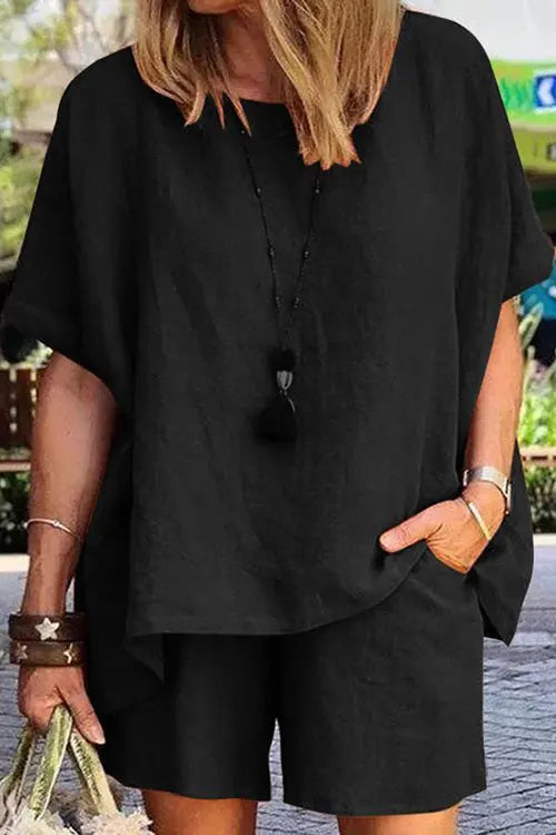 Solid Short Sleeve Blouse Shorts Set - Fashionpara