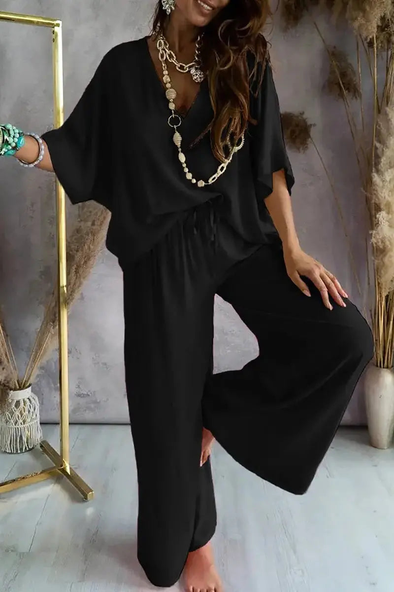 V Neck Bat Blouse Pants Set - Fashionpara