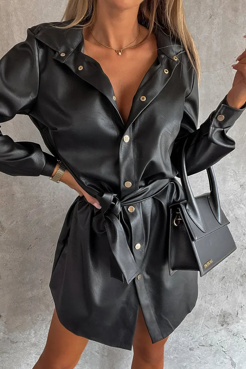Timeless Button Down Faux Leather Shacket Dress - Fashionpara