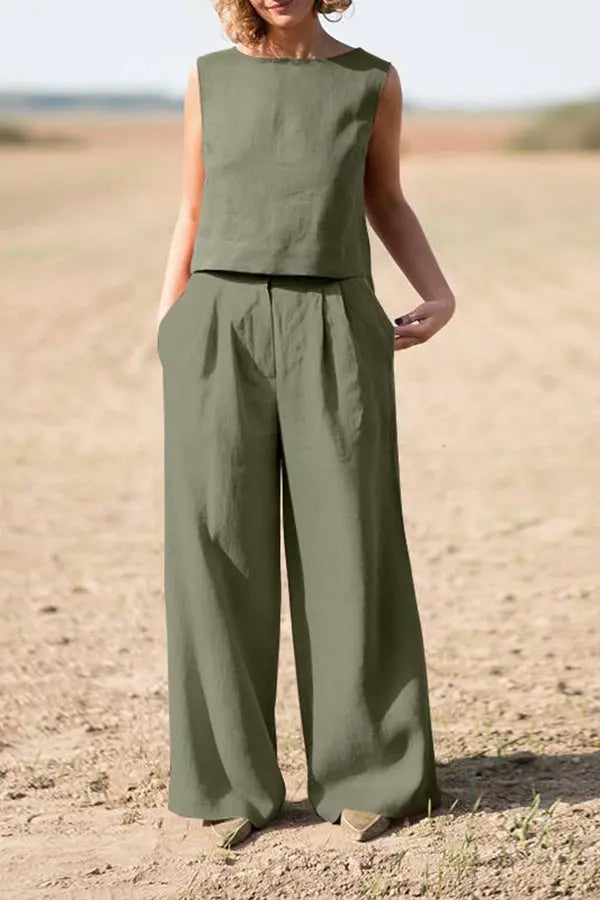 Solid Sleeveless Blouse Pants Set - Fashionpara