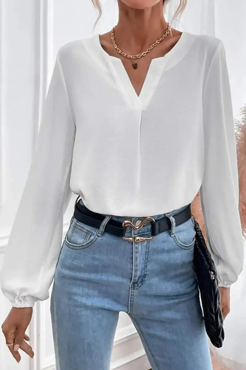 V Neck Long Sleeve Blouse - Fashionpara