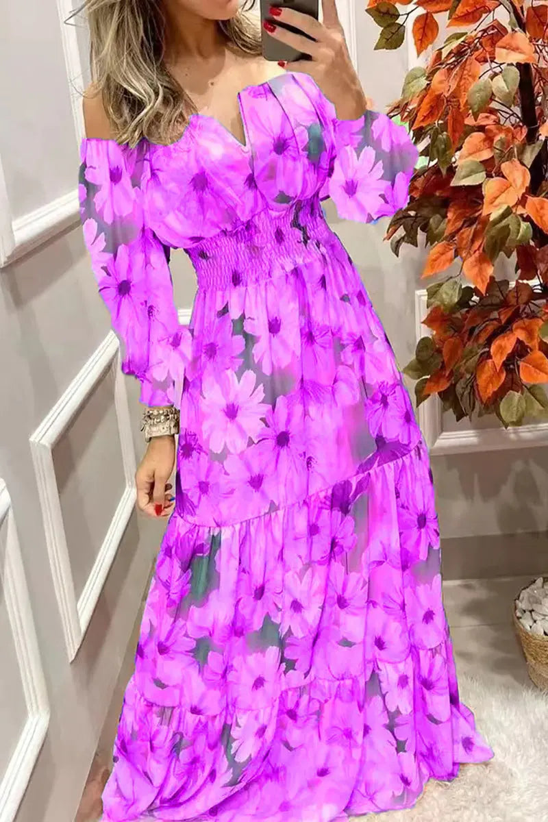 Floral Off Shoulder V Neck Maxi Dress - Fashionpara