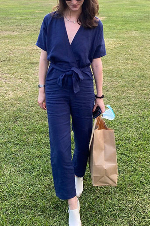 Linen V Neck Wrap Jumpsuits - Fashionpara