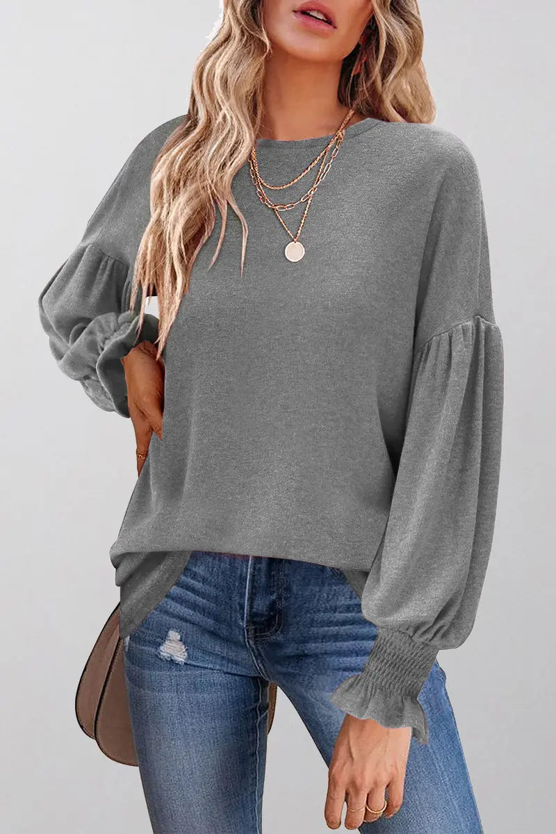 Cuff Sleeve O Neck Blouse - Fashionpara