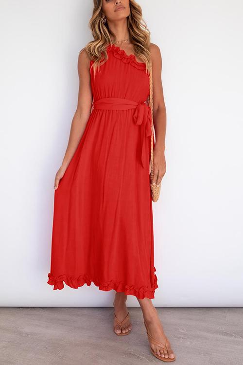 Ruffles One Shoulder Belted Maxi Dress - Fashionpara